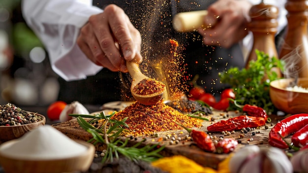 Colorful Culinary Chef Sprinkling Spices on Wooden Spoon Image