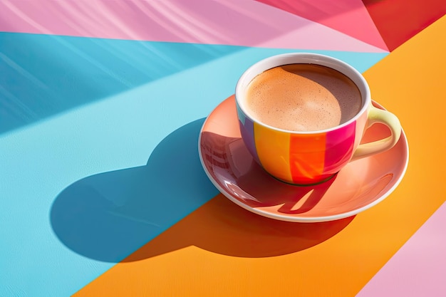 Photo colorful cup of coffee with shadow on geometric background