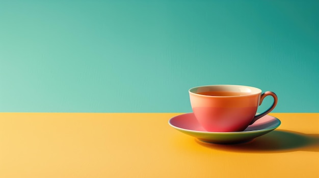 Colorful cup and saucer with hot tea on a duotone color block background