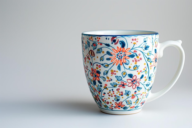 a colorful cup with a blue and pink flower design on it