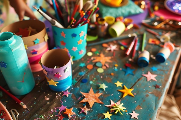 Photo a colorful cup with a cat on it sits on a table with stars and stars