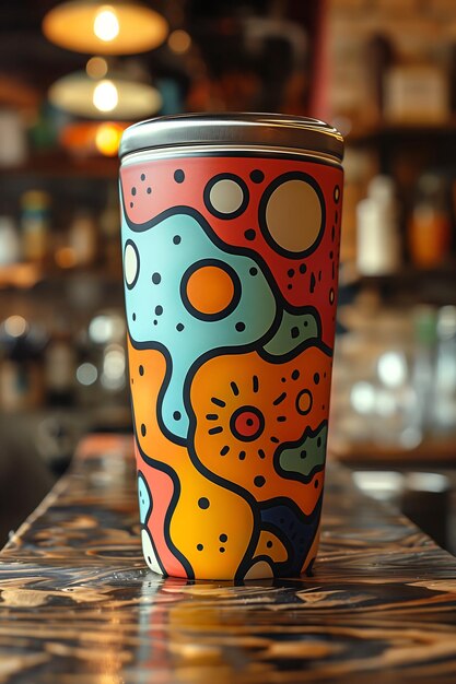 a colorful cup with the word sun on it