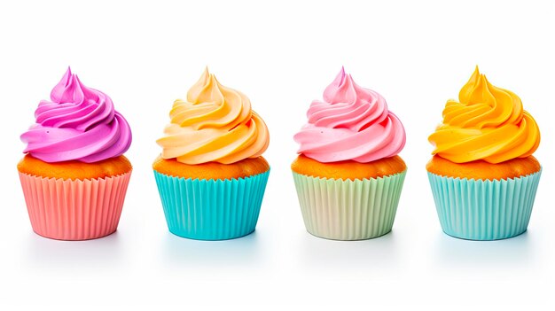 Photo colorful cupcake row on white background isolated and cutout image of delicious sweet treats