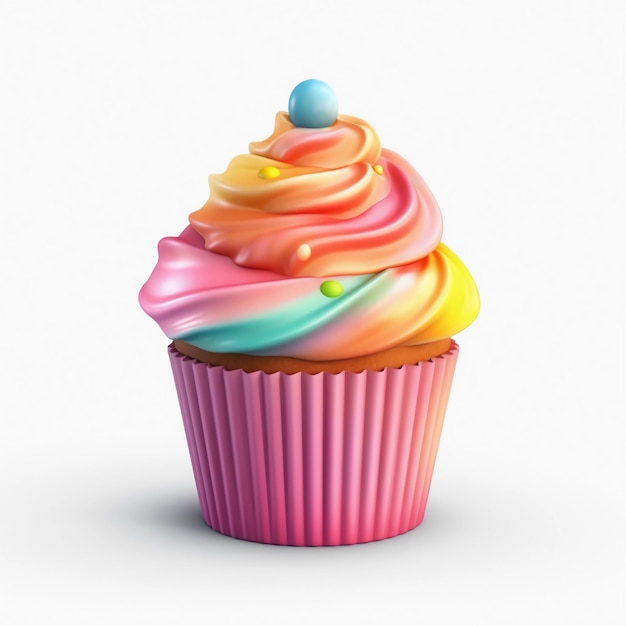 A colorful cupcake with a blue ball on top.