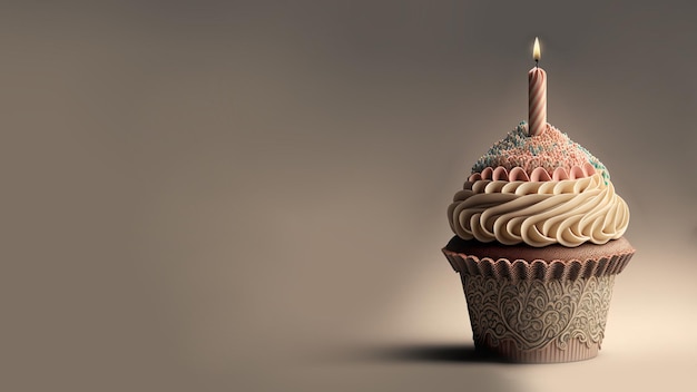 Colorful Cupcake With Lit Candle 3D Rendering