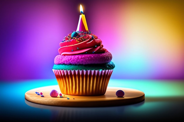 A colorful cupcake with a lit candle on it