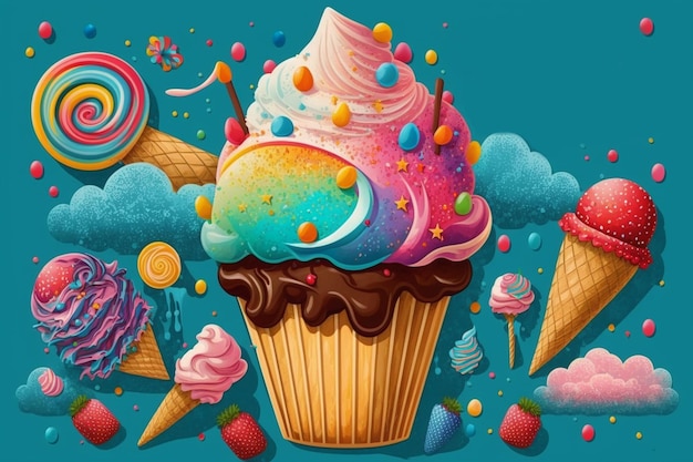 A colorful cupcake with a lot of ice cream on it.