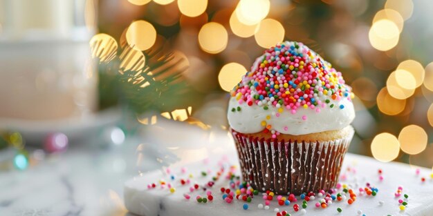 Photo colorful cupcake with sprinkles and frosting perfect for celebrations and festive occasions a treat that delights every sweet tooth