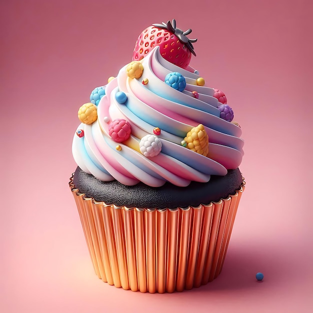 Colorful Cupcake with Whipped Cream and Berries