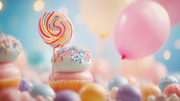 Photo colorful cupcakes and candy in a festive setting with balloons showcasing a celebration atmosphere