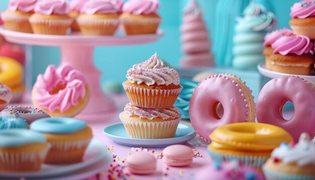 Colorful cupcakes and donuts on display