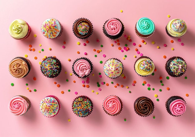 Photo colorful cupcakes on a pink background with sprinkles showcasing a variety of flavors and