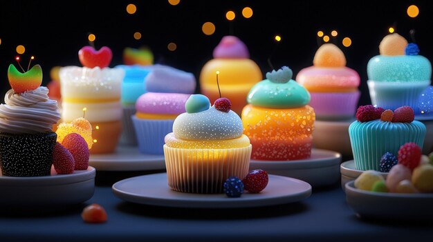 Colorful cupcakes with bright decorations and sparkling effects perfect for a festive celebration or