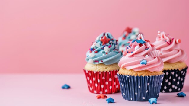 Photo colorful cupcakes with decorative frosting and sprinkles on pink background