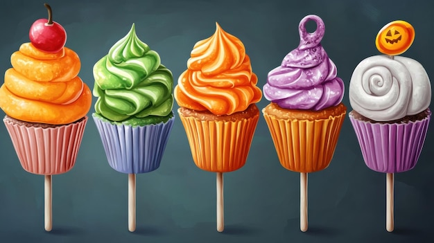 Colorful cupcakes with various frosting designs presented on sticks against a dark background