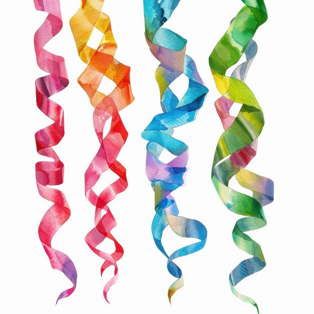 Photo colorful curly ribbons hanging in shades of red blue green and yellow perfect for celebrations parties and festive decorations