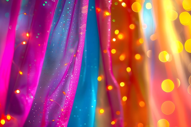 Photo a colorful curtain with colorful lights and orange and blue beads