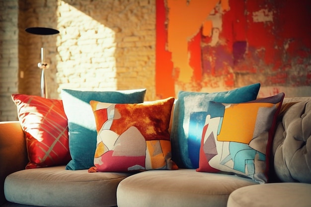 A colorful cushion sits on a couch in a room with a brick wall behind it.