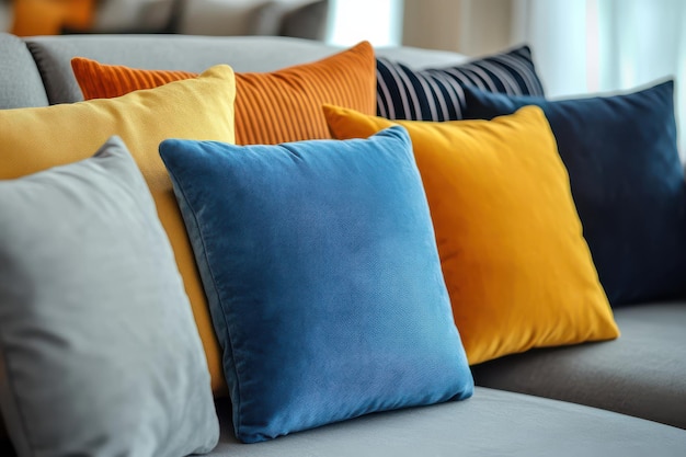 Colorful cushions arranged on a modern couch in a stylish living room setting