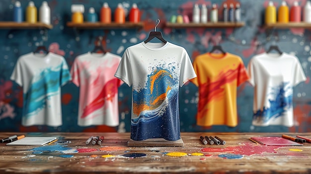 Photo colorful custom tshirts displayed on an art table