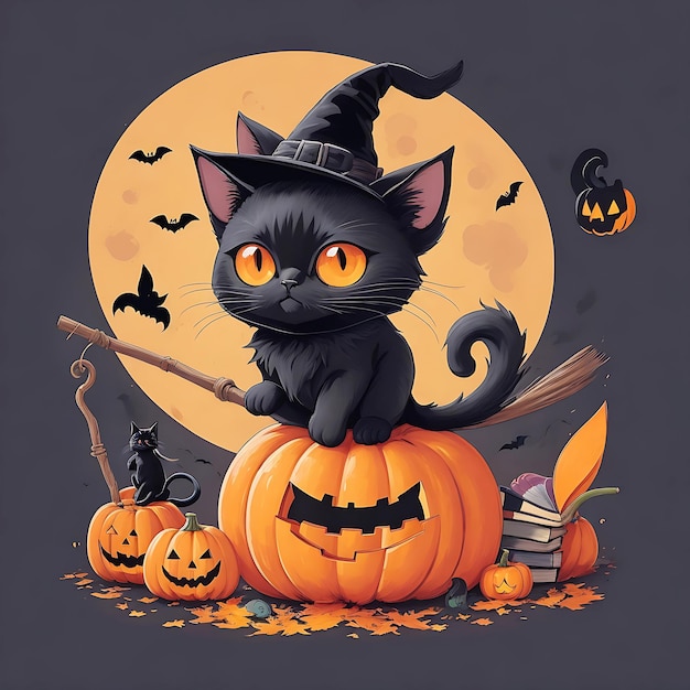 A colorful cute black cat on pumpkin