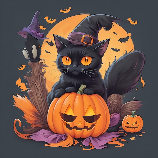 A colorful cute black cat on pumpkin