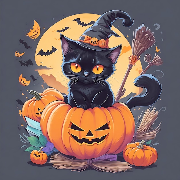 A colorful cute black cat on pumpkin