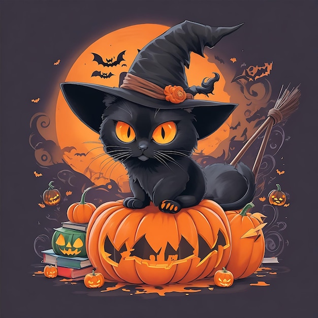 A colorful cute black cat on pumpkin