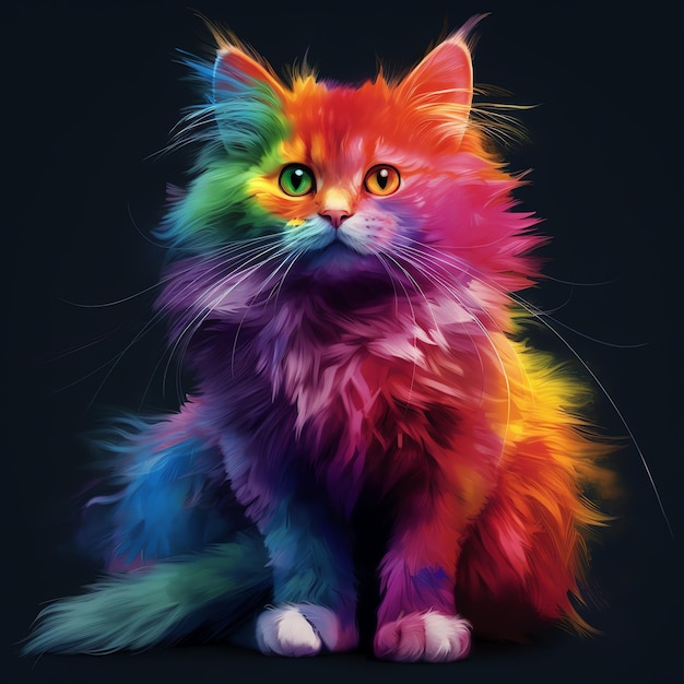 Colorful cute cat with bright eyes happy face