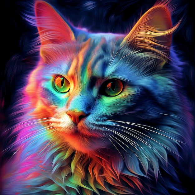 Colorful cute cat with bright eyes happy face