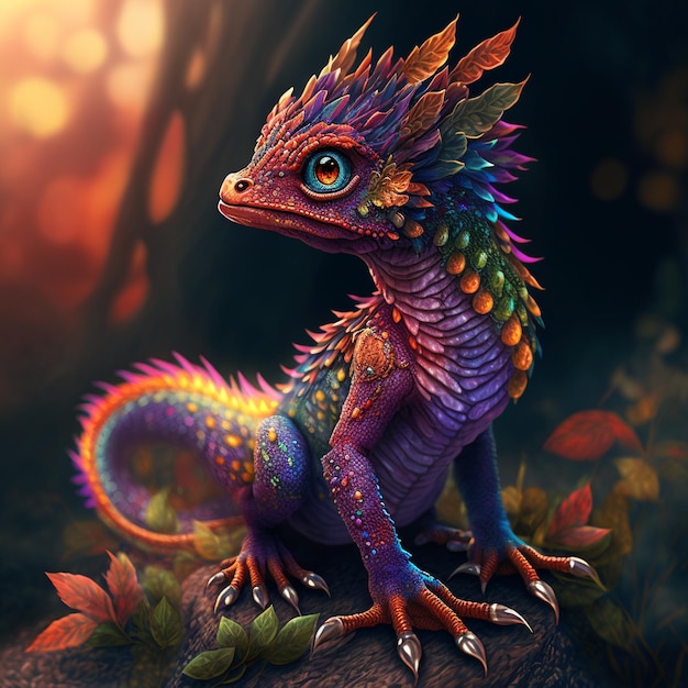 Colorful cute magic fantasy kawai dragon illustration