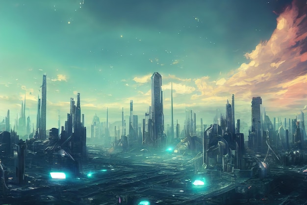 Colorful Cyberpunk metaverse city background in anime style Concept art Digital painting Fantasy illustration