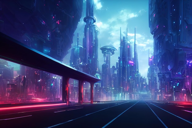 Colorful Cyberpunk metaverse city background Concept art Digital painting