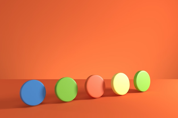 Colorful cylinders on orange background. Minimal concept idea. 3D Render.