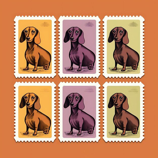 Photo colorful a dachshund dog with hot dog suit wearing a bun and looking animal stamp collection idea