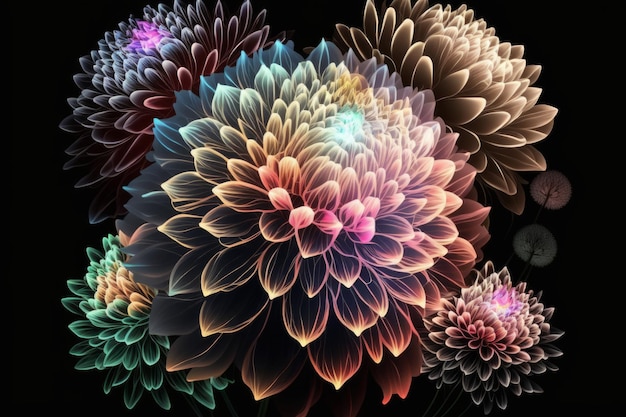 Colorful dahlia flowers on black background Fantasy fractal design Generative AI