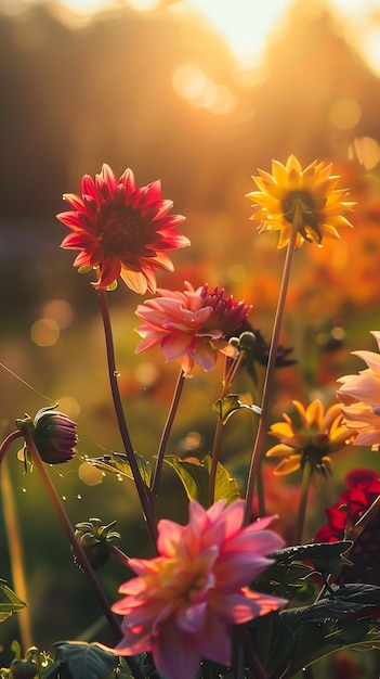 Colorful Dahlia Mix blooms with rain drops