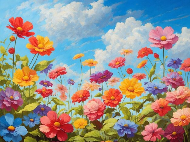 Colorful daisies and chamomiles on blue sky background Generative AI