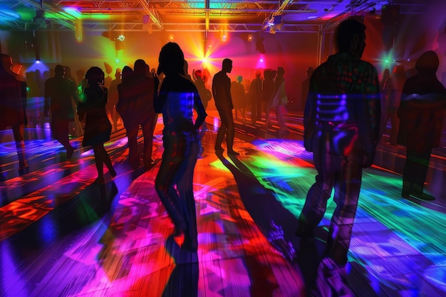 Photo colorful dancefloor silhouettes at nightclub party