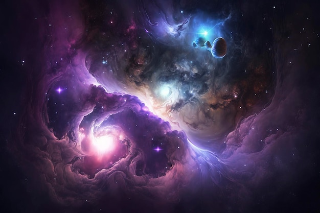 Colorful dark blue and purple nebulae in space AI technology generated image