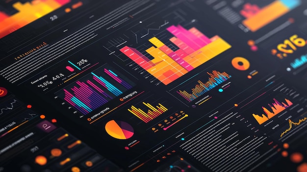 Photo colorful data analysis charts and graphs on black screen