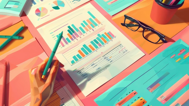 Photo colorful data analysis on a desk with stationery