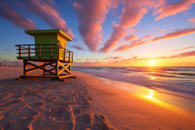 Colorful dawn Lifeguard tower South Beach shoreline and azure sky paint Miami's beauty