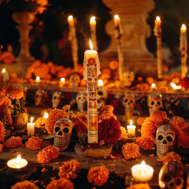 Colorful Day of the Dead Altar with Marigolds Skull Art and Candlelit Offerings