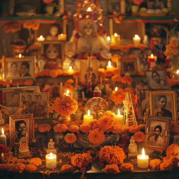 Colorful Day of the Dead Altar with Marigolds Skull Art and Candlelit Offerings