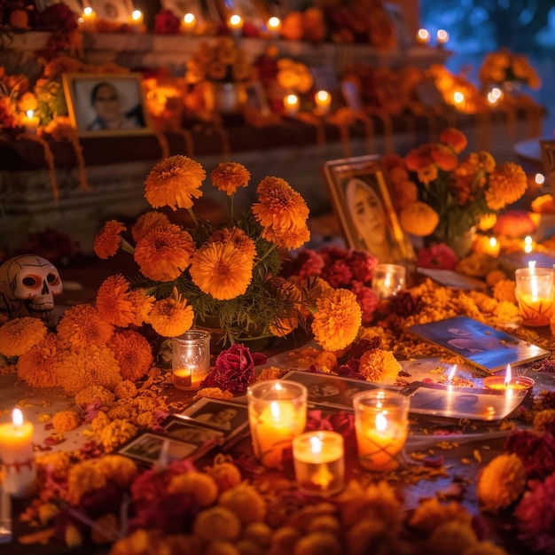 Colorful Day of the Dead Altar with Marigolds Skull Art and Candlelit Offerings