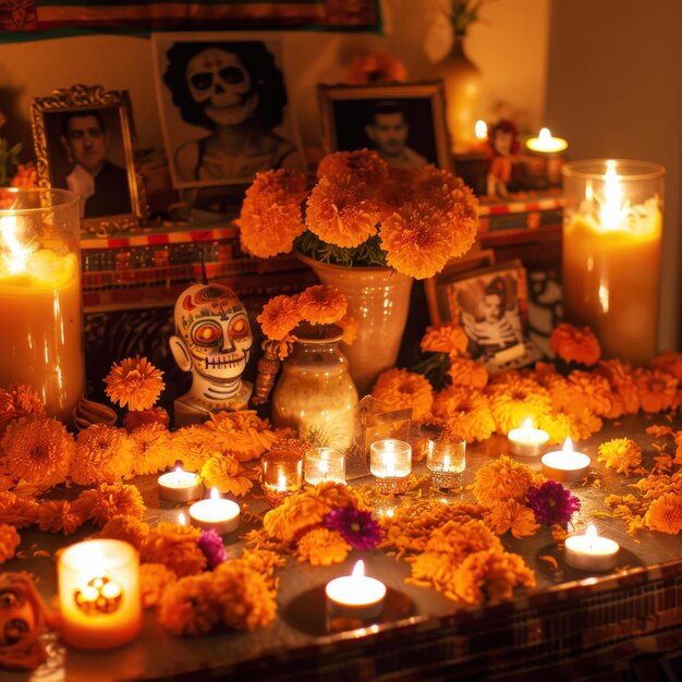 Colorful Day of the Dead Altar with Marigolds Skull Art and Candlelit Offerings