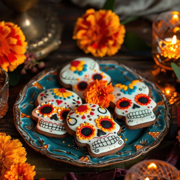 Colorful Day of the Dead Altar with Marigolds Skull Art and Candlelit Offerings