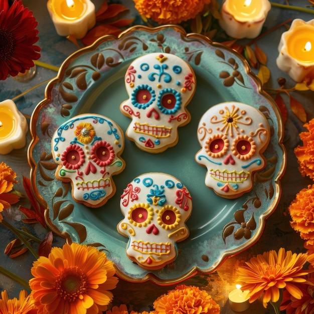 Colorful Day of the Dead Altar with Marigolds Skull Art and Candlelit Offerings