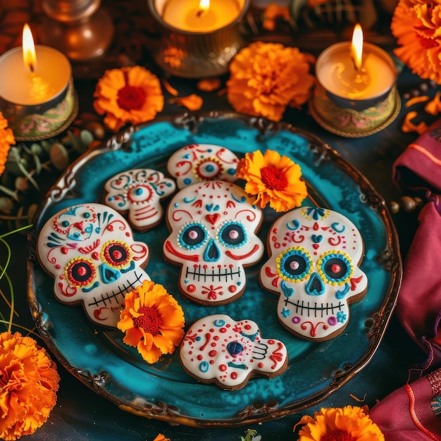 Colorful Day of the Dead Altar with Marigolds Skull Art and Candlelit Offerings